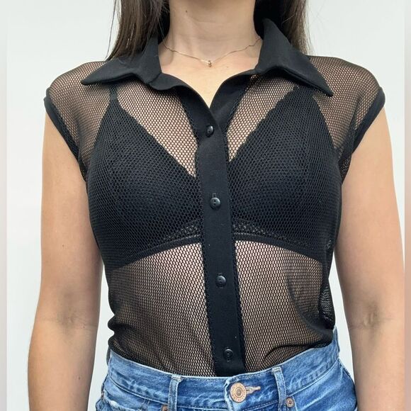 Vintage Y2K Black Mesh Sheer Fish Net Short Sleeve Button Front Top Size M - Picture 3 of 10